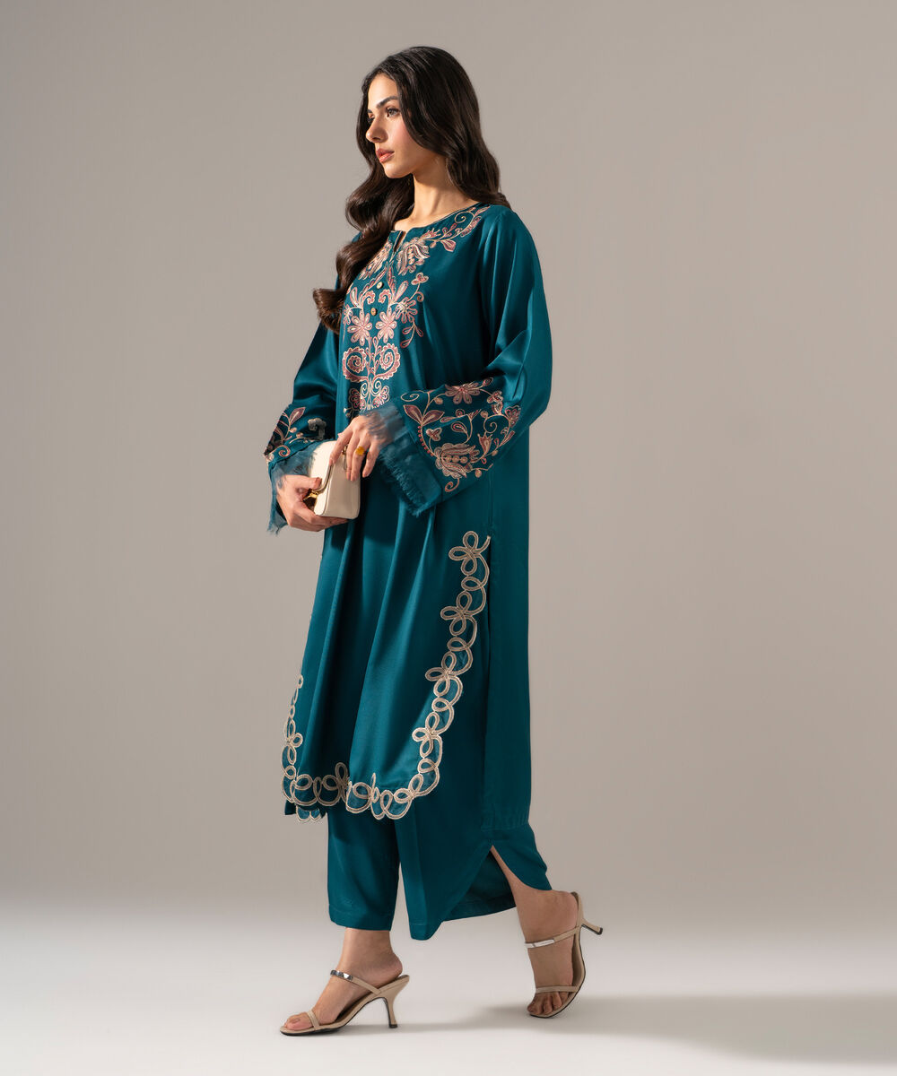 Women's RTW Bedford Solid Embroidered Teal Straight Shirt
