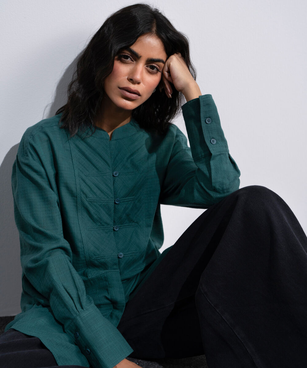 Women's Green Textured Shirt With Yoke Detail