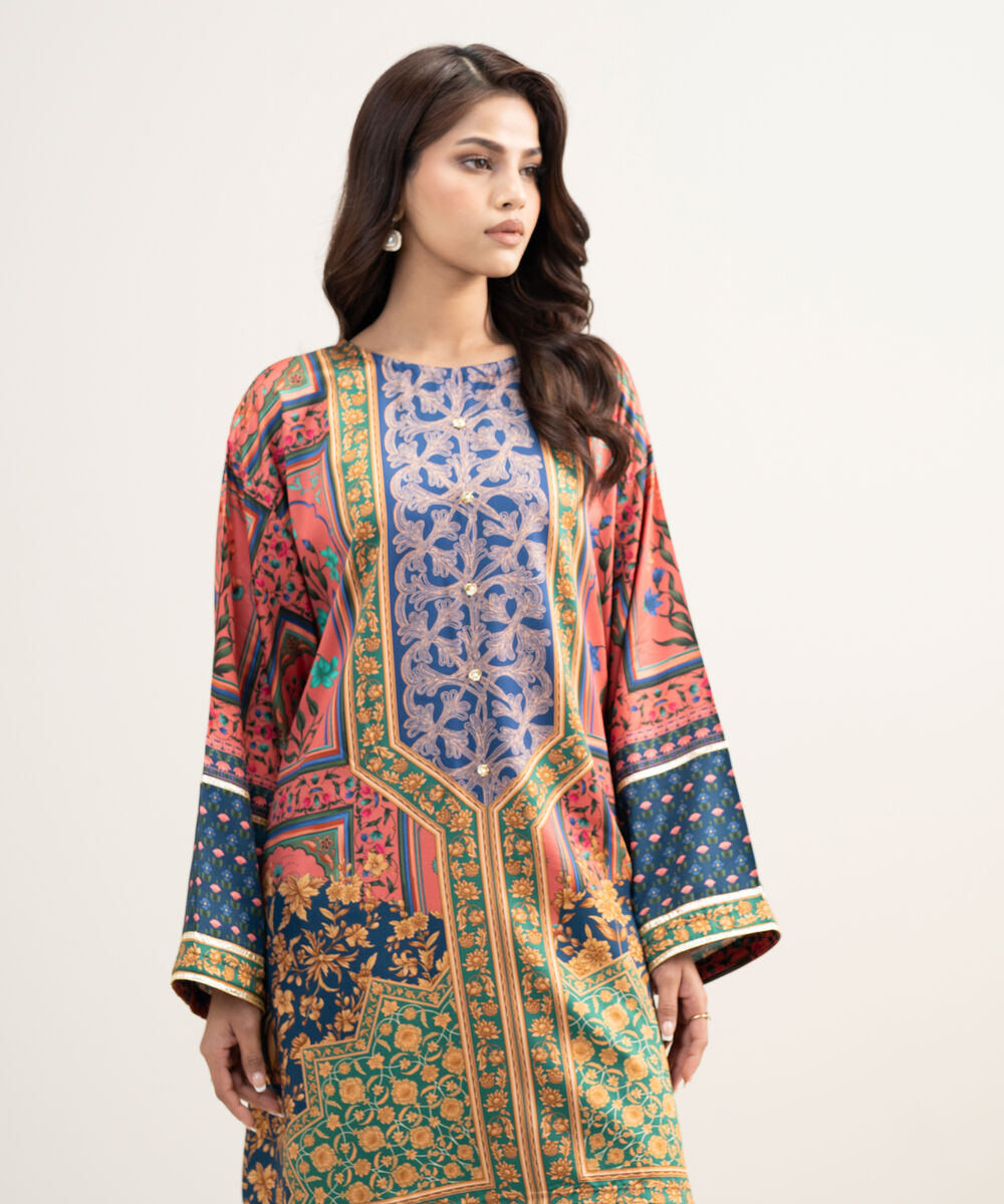 Women's RTW Premium Visocose Satin Printed Pink Drop Shoulder Shirt