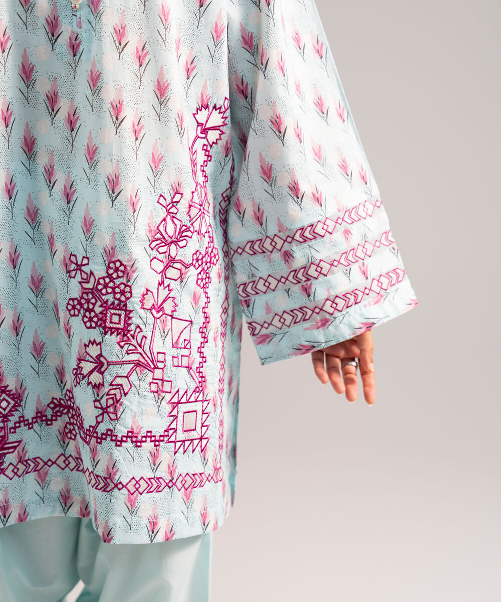Women's RTW Lawn Embroidered Blue Straight Shirt