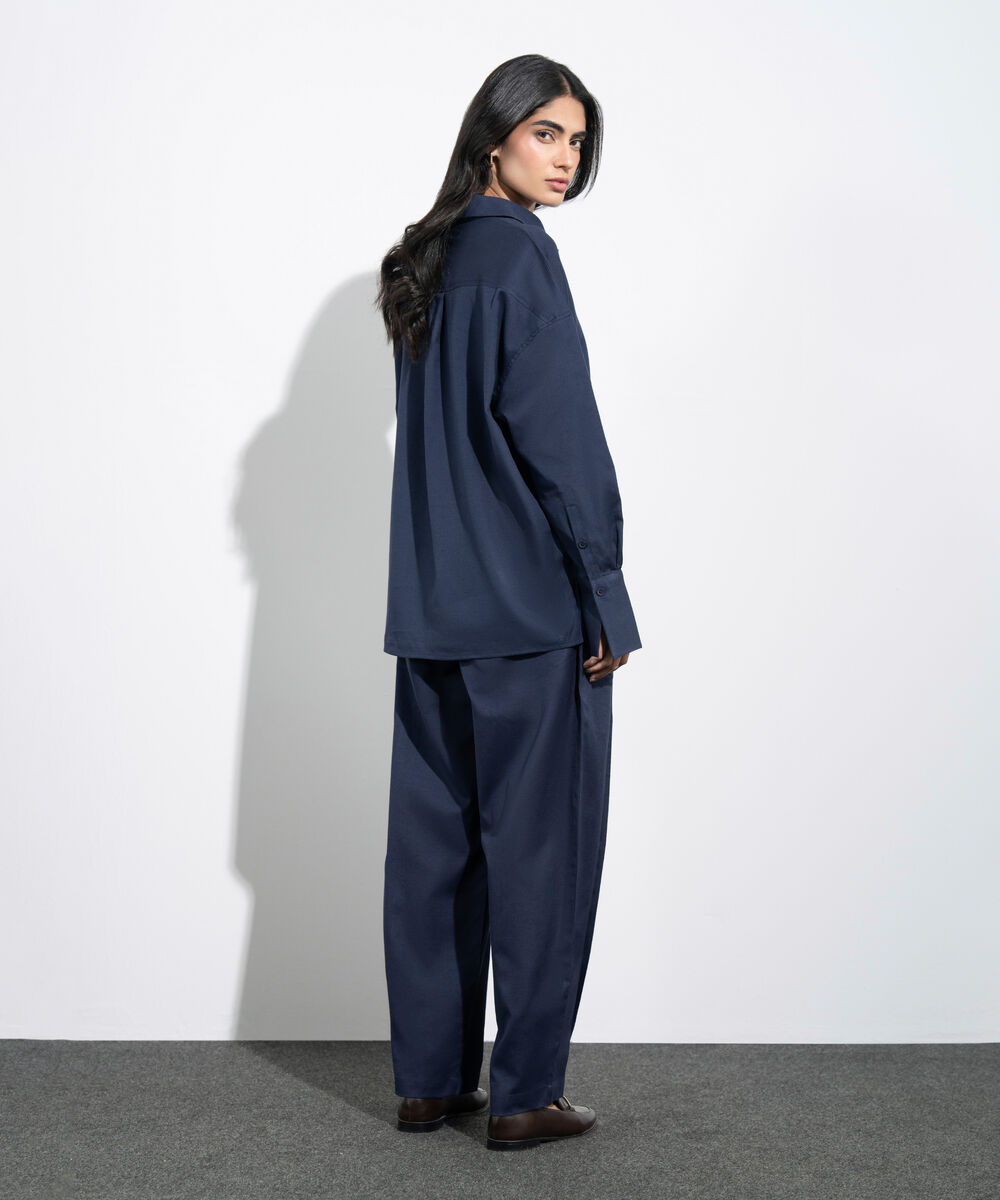 Women's Western Navy Loose-Fit Linen Blend Tunic