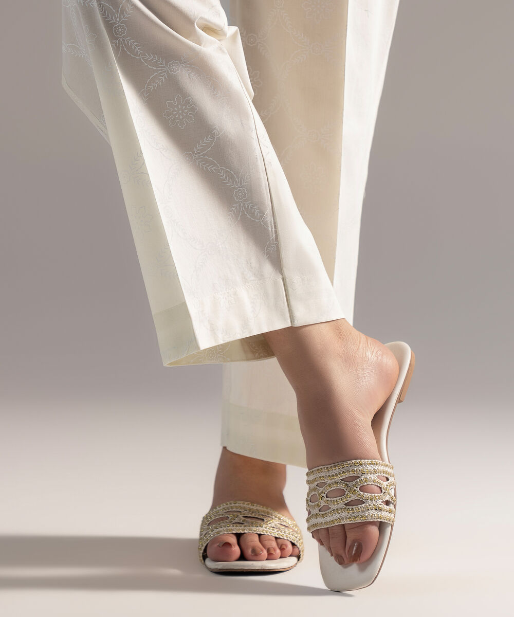 Women's RTW Cambric Printed Off White Straight Pants