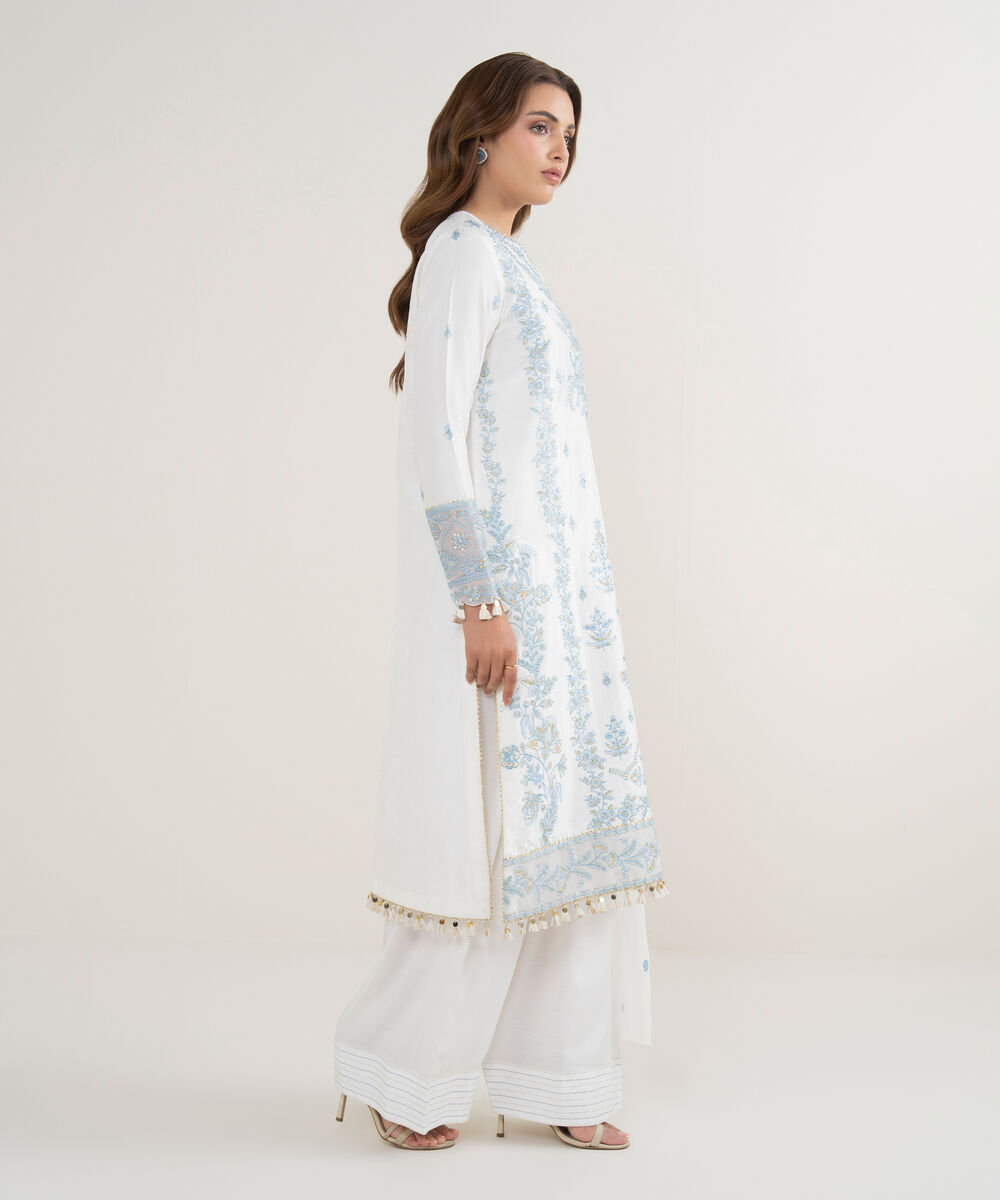 Women's Unstitched Raw Silk Embroidered White  3 Piece Suit