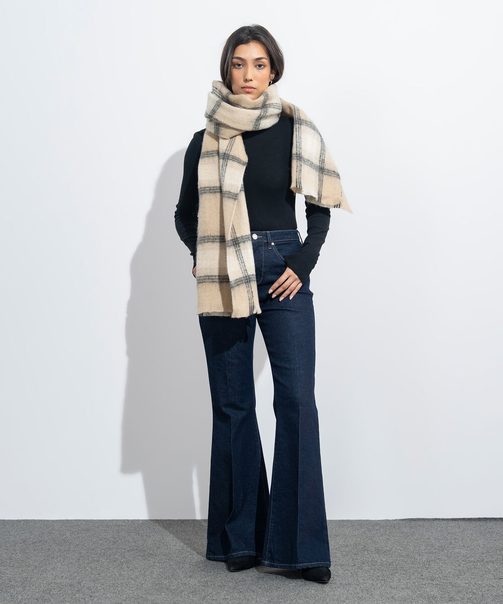 Women's Western Wear Off White & Beige Plaid Woollen Scarf