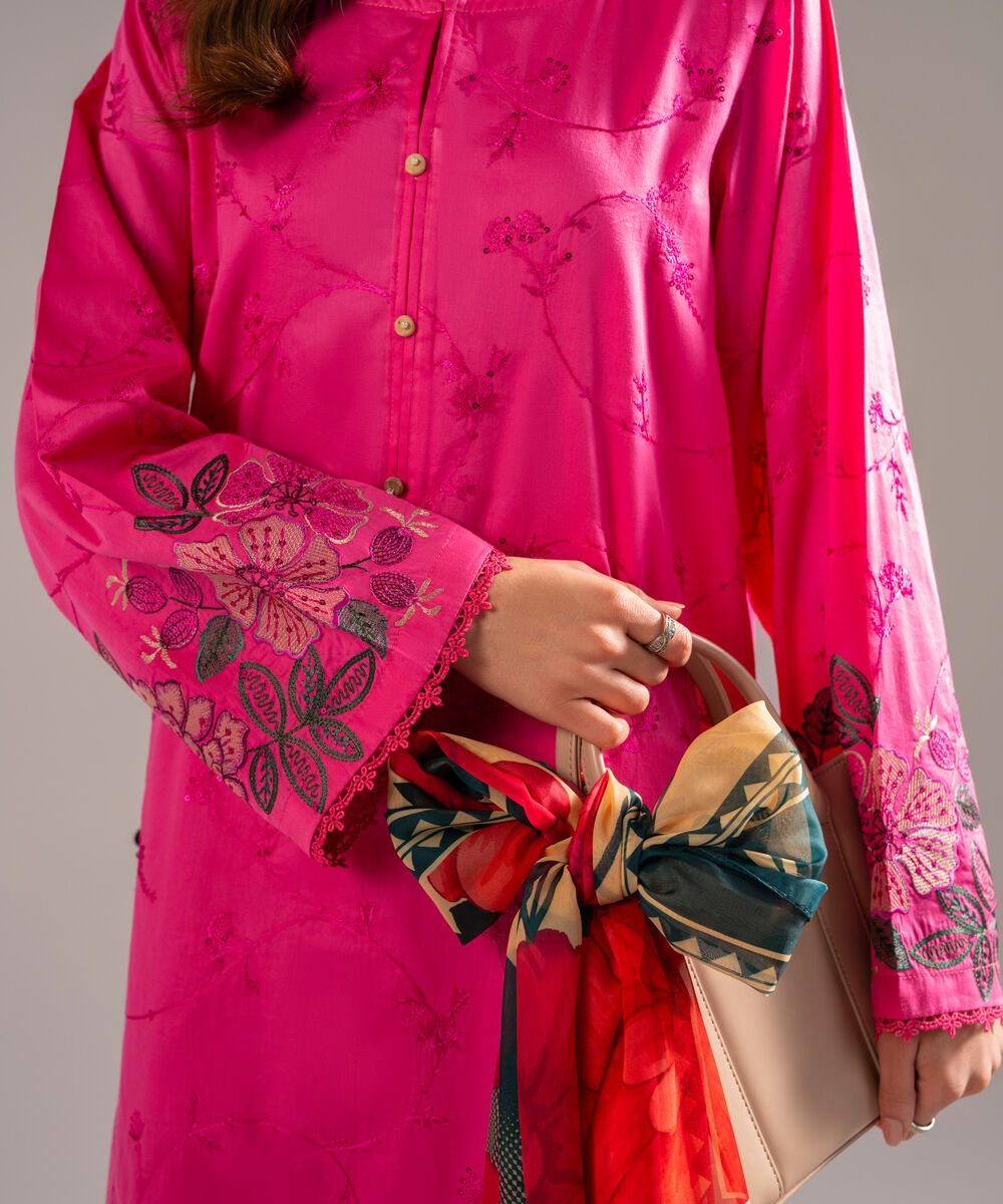Women's RTW Cotton Satin Embroidered Pink 3 Piece Suit