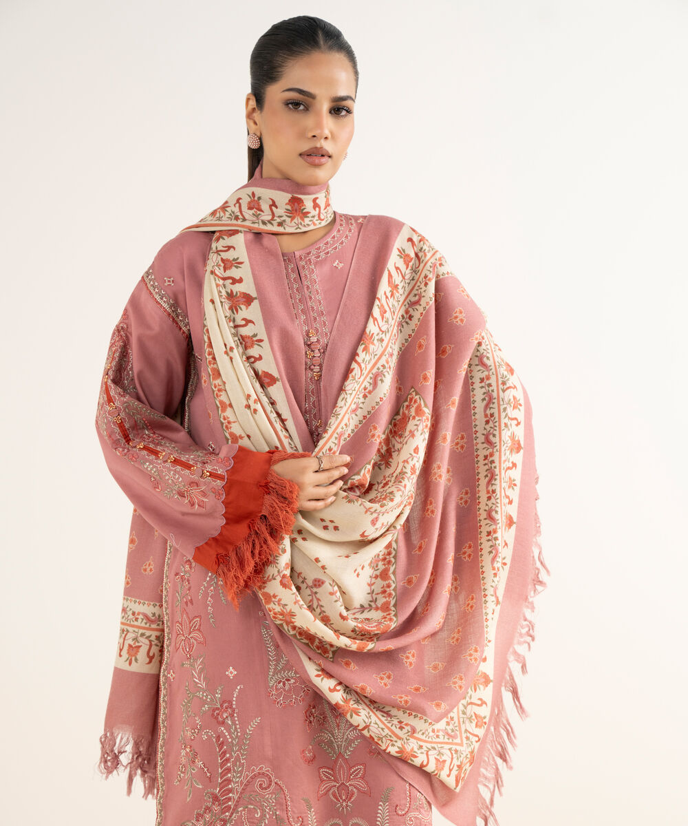 Women's Unstitched Twill Embroidered Pink 3 Piece Suit