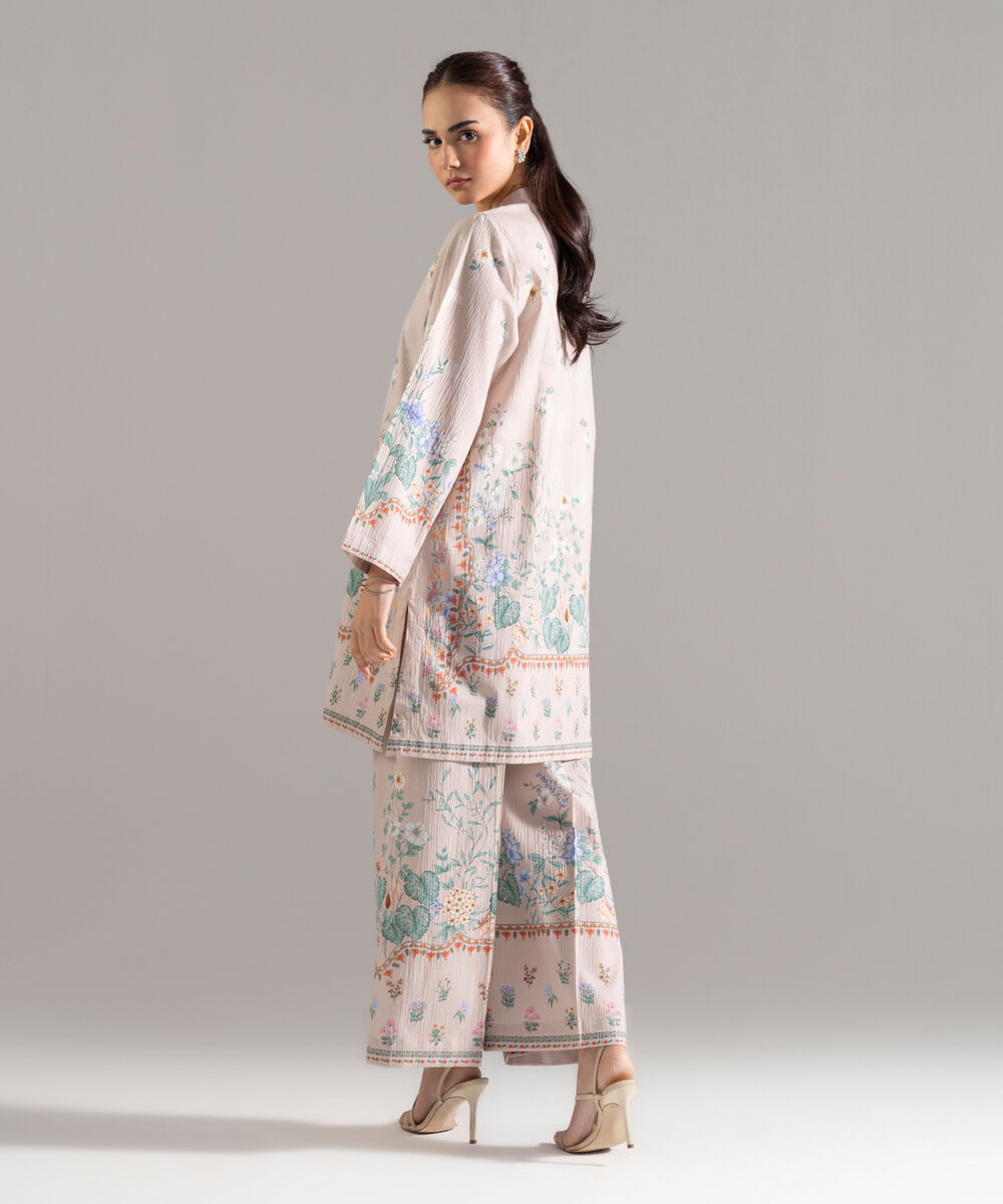 Women's RTW Seersucker Printed Beige 2 Piece Suit
