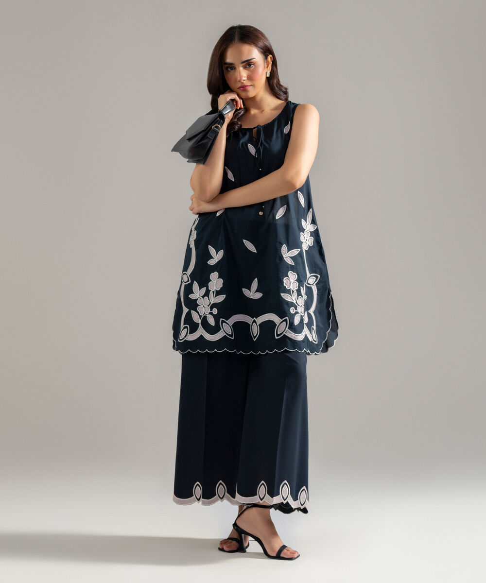 Women's RTW Lawn Solid Embroidered Black 3 Piece Suit