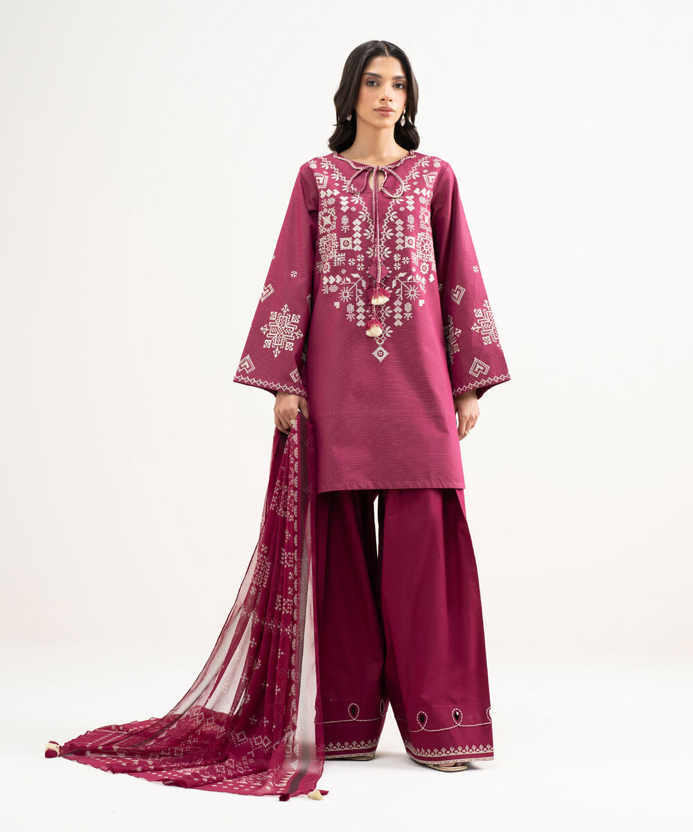 Women's Unstitched Zari Lawn Embroidered Pink 3 Piece Suit