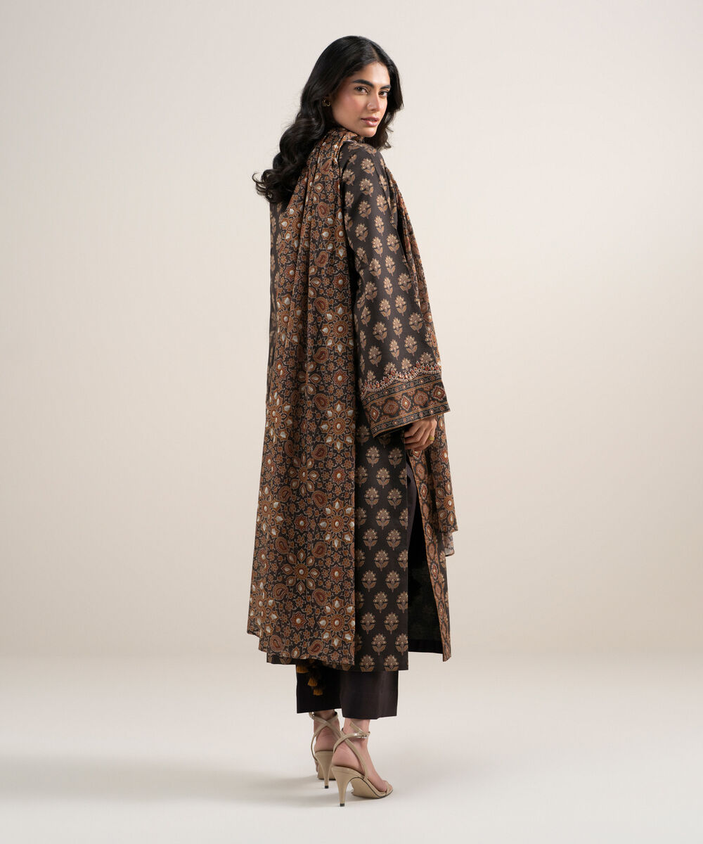 Women's Unstitched Lawn Embroidered Brown 3 Piece Suit