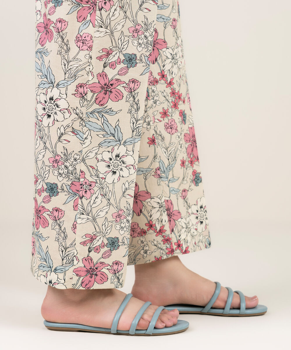 Women's RTW Cambric Printed Off White Straight Pants