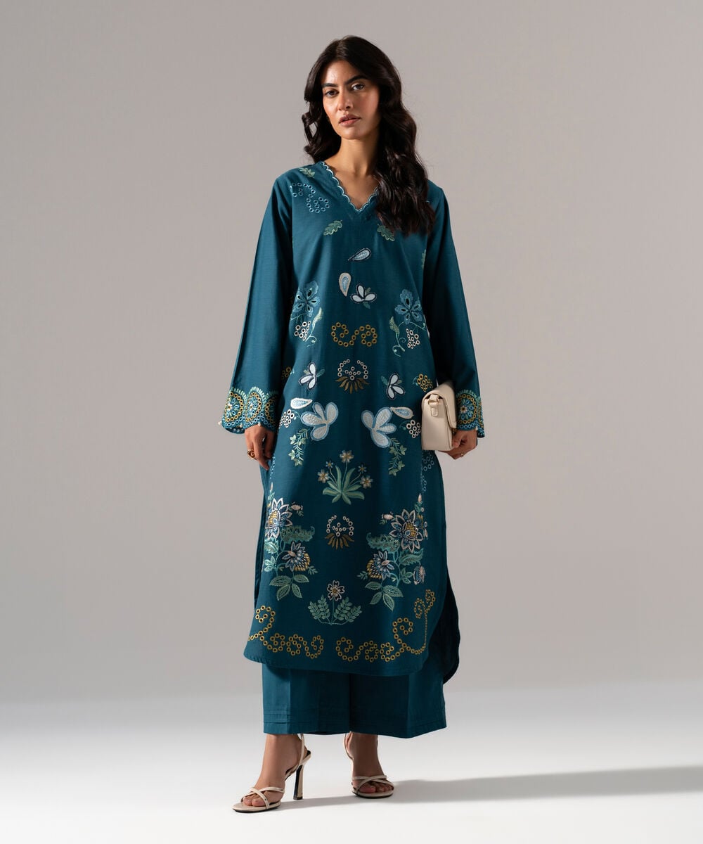 Women's RTW Solid Embroidered Teal Cotton Viscose Shirt