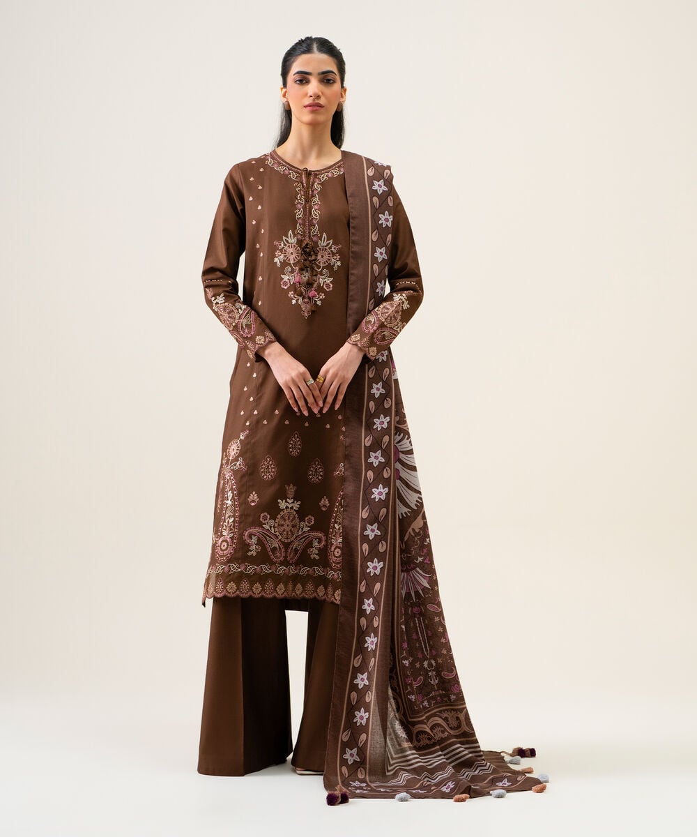 Women's Unstitched Cotton Twill Embroidered Brown 3 Piece Suit