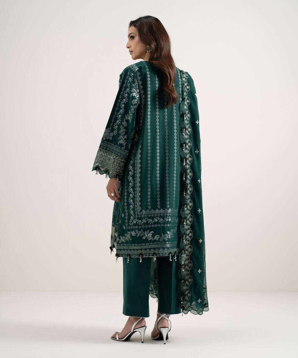 Women's Unstitched Extra Weft Jacquard Embroidered Green 3 Piece Suit
