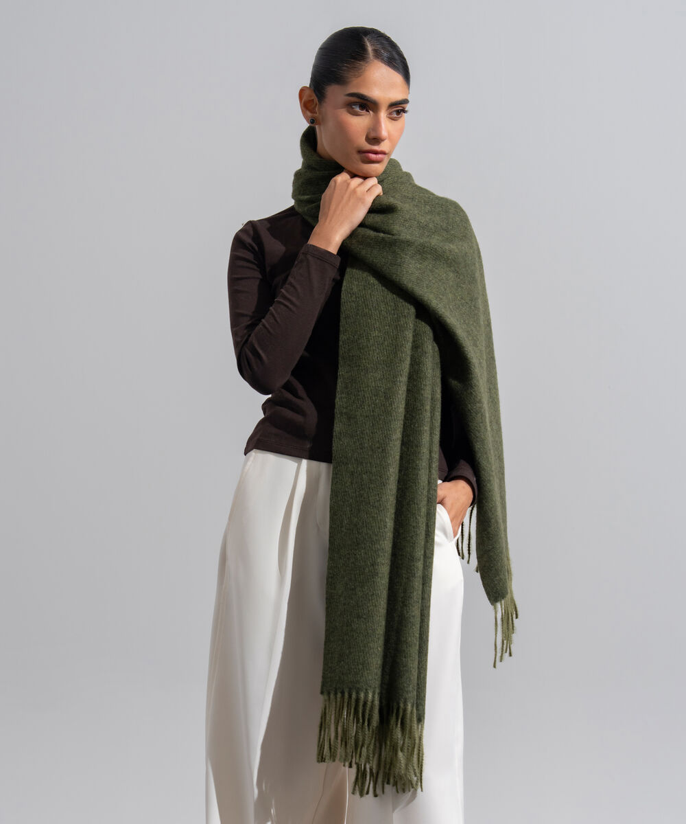 Women's Western Wear Forest Green Polyester Solid Woolen Scarf