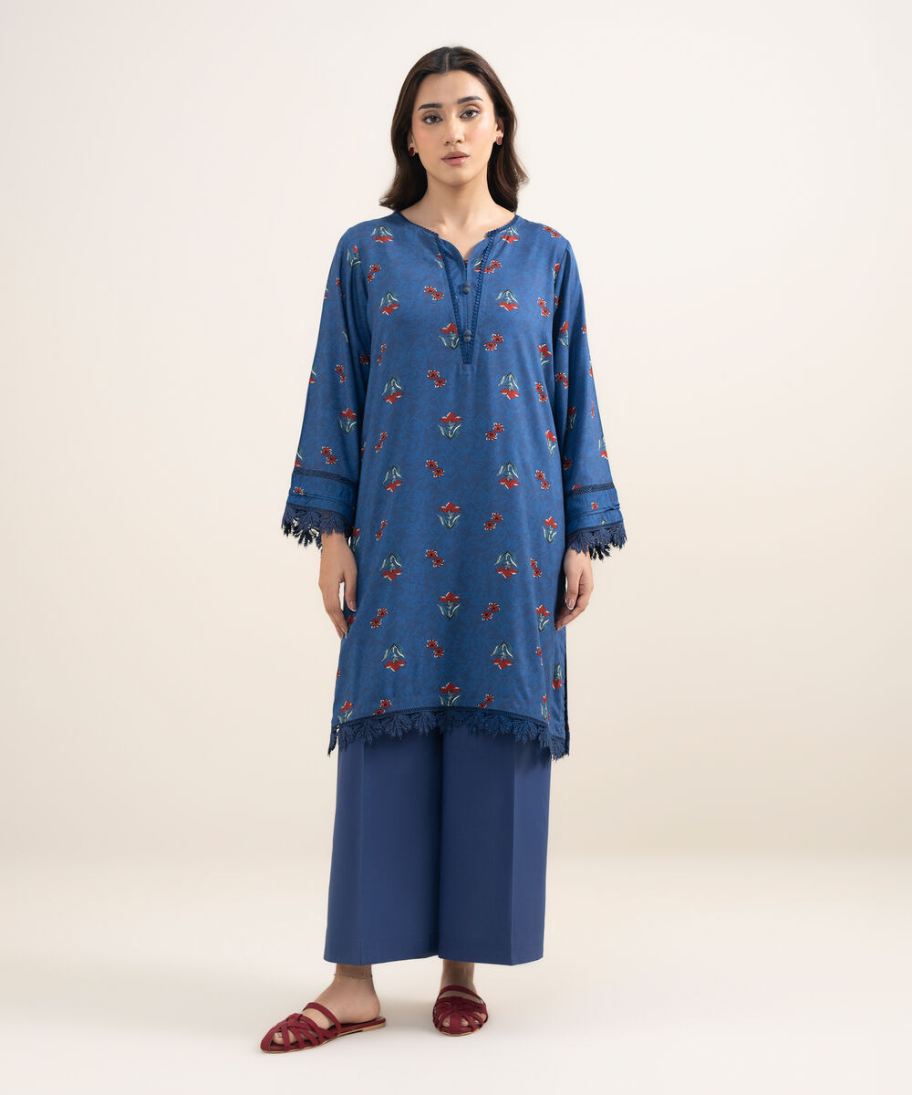 Women's RTW Arabic Lawn Printed Dark Blue Straight Shirt