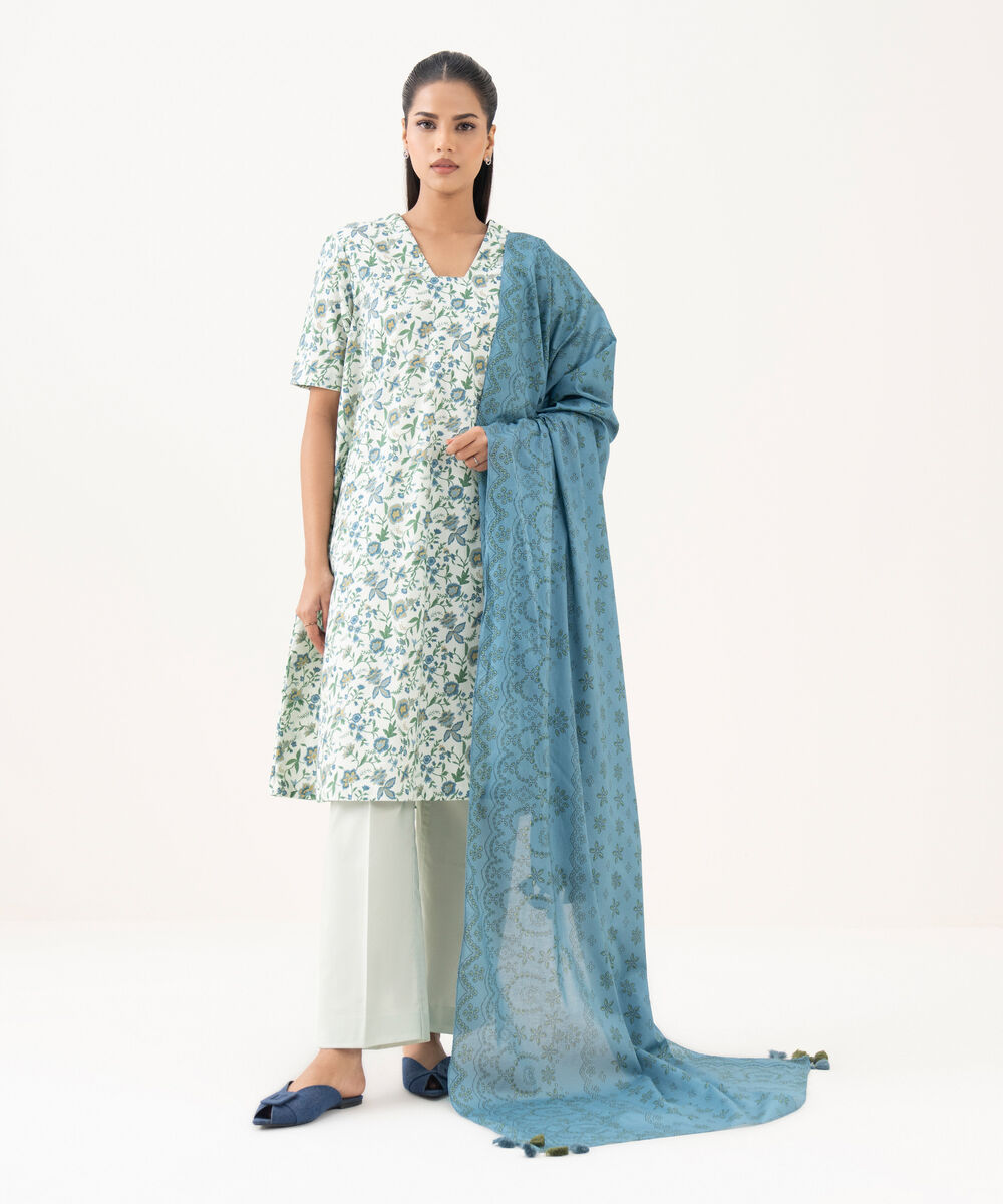 Women's Unstitched Cotton Printed Off White Three Piece Suit