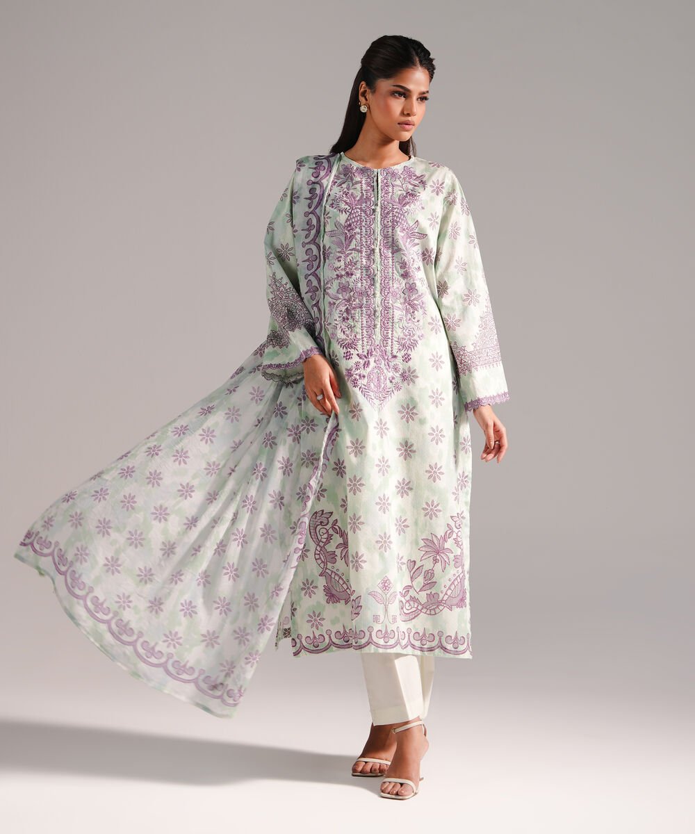 Women's RTW Dobby Embroidered Green 3 Piece Suit