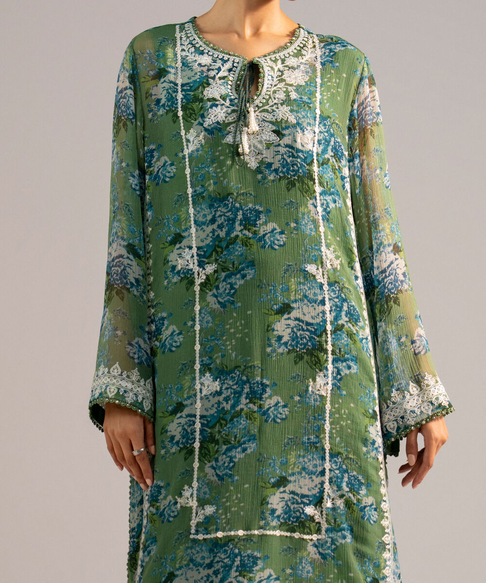 Women's RTW Chiffon Embroidered Green 2 Piece Suit