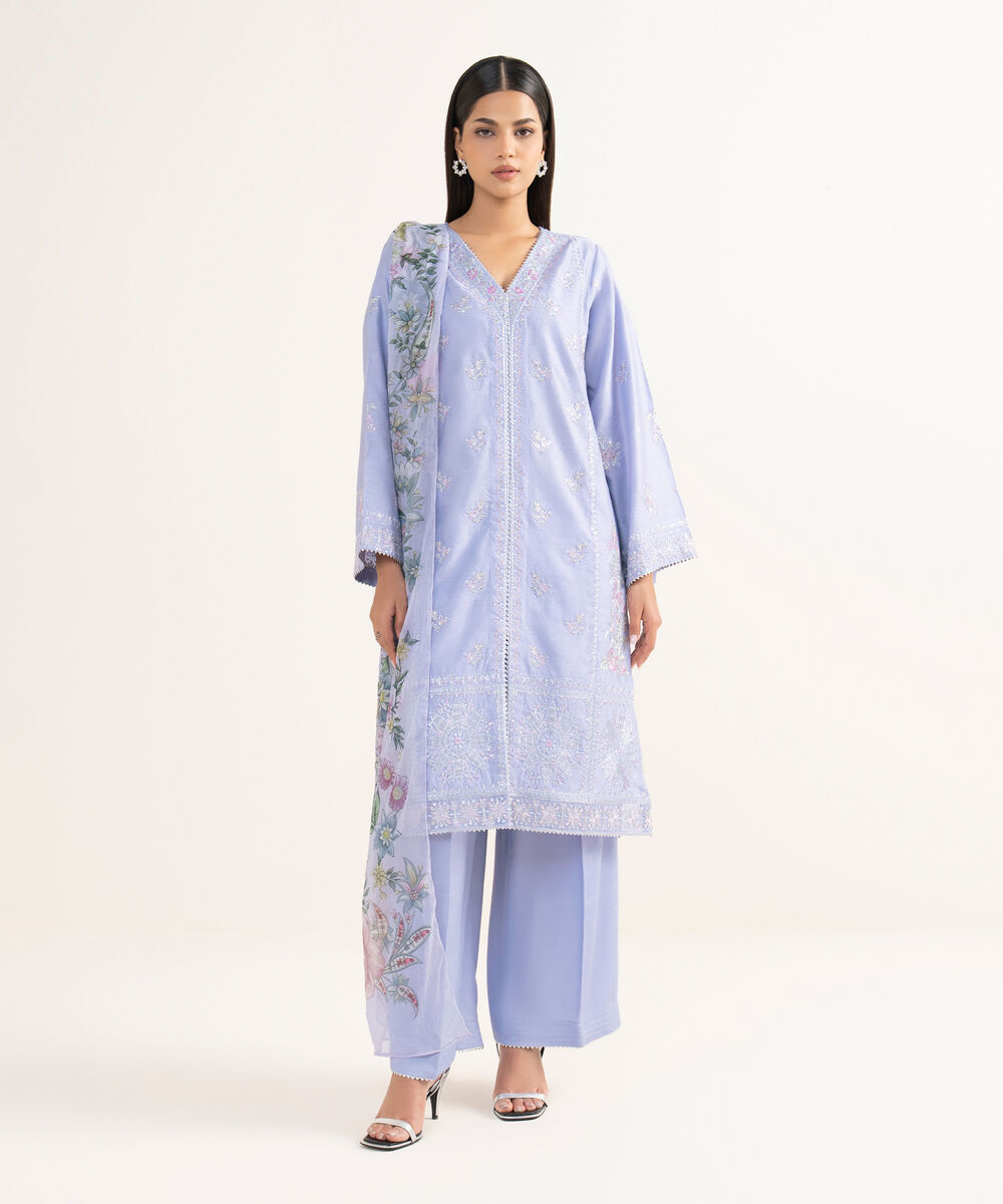 Women's RTW Silk Cotton Net Lilac Embroidered 3 Piece Suit