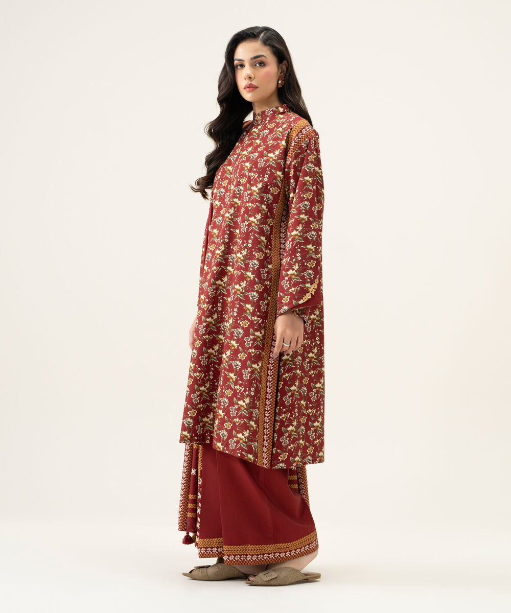 Womens Unstitched Viscose Linen Printed Red 3 Piece Suit