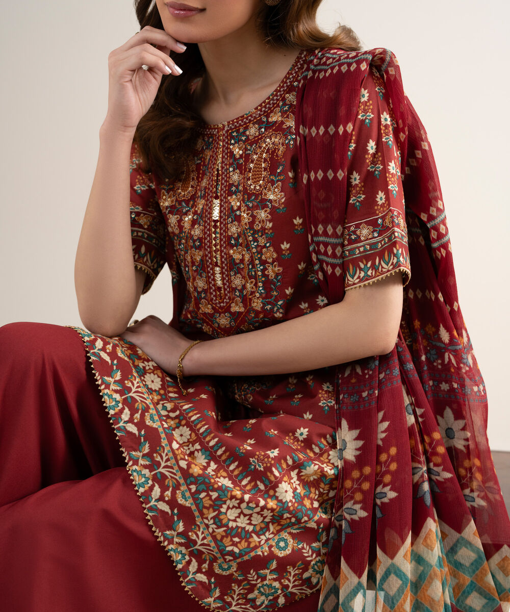 Women's Unstitched Lawn Embroidered Red 3 Piece Suit