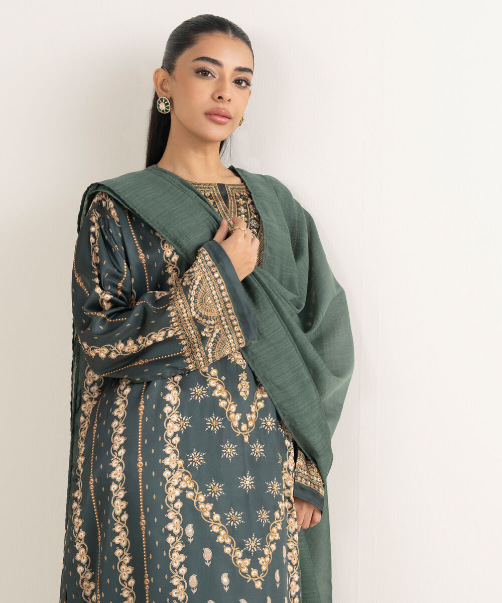 Women's RTW Blended Satin Embroidered Green 3 Piece Suit