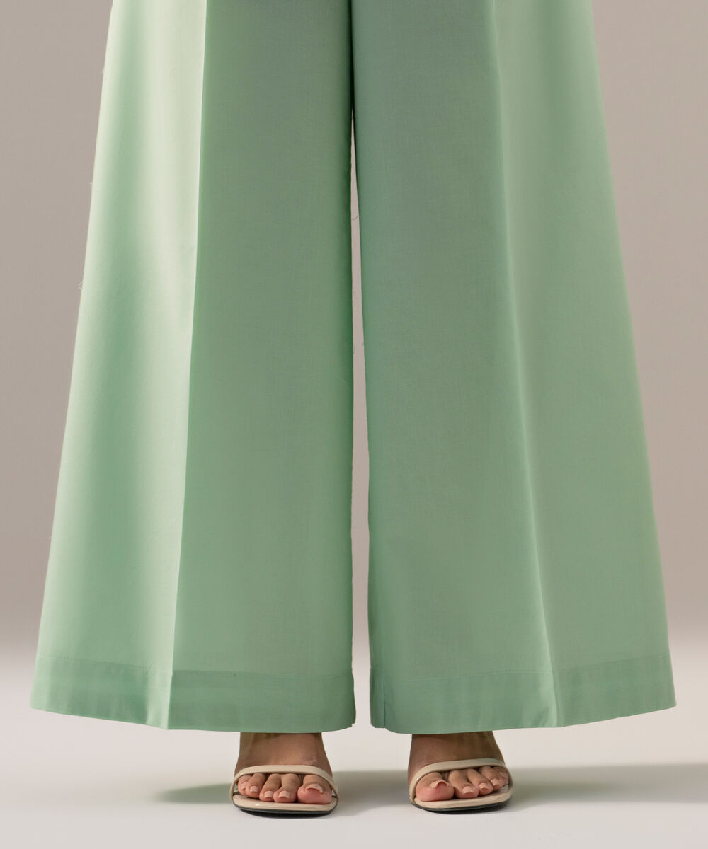 Women's RTW Cambric Solid Green Flared Pants