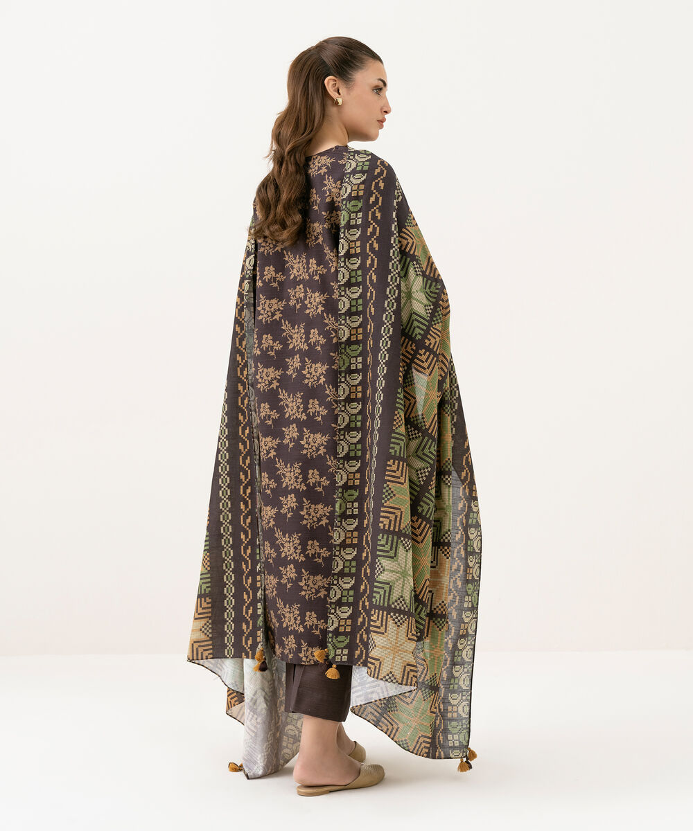 Women's Unstitched Khaddar Printed Brown 3 Piece Suit