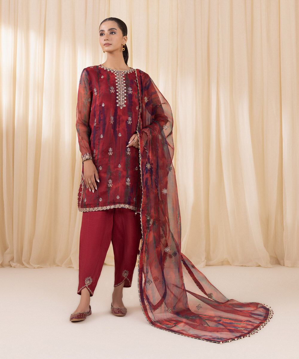 Unstitched Women's Red Organza Embroidered 3 Piece Suit