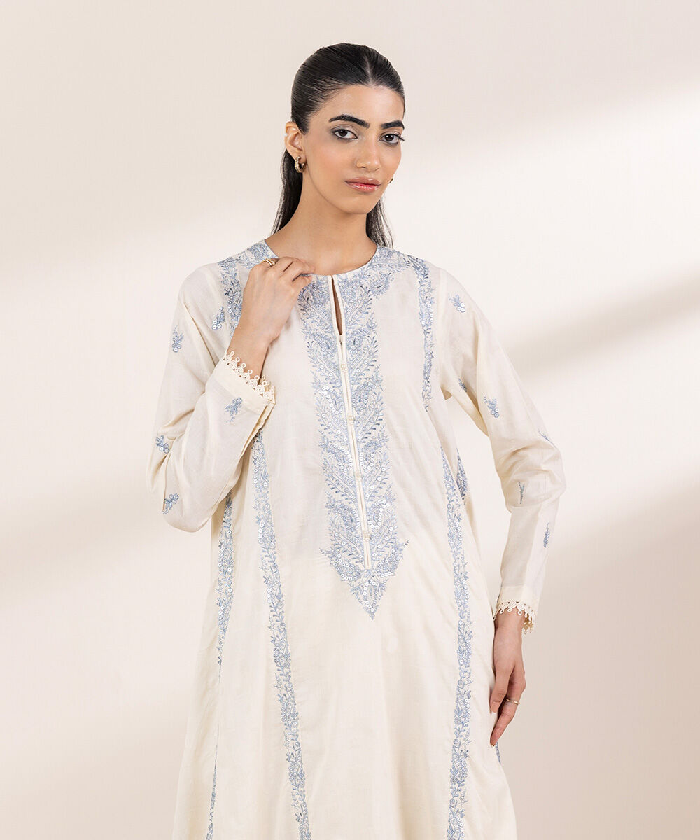 Women's RTW Cotton Jacquard Off White Embroidered A-Line Shirt
