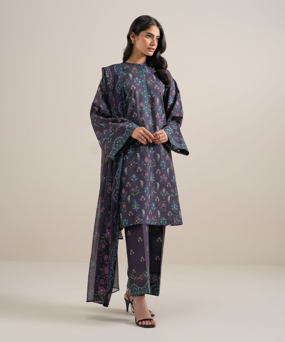 Women's Unstitched Lawn Printed Purple 3 Piece Suit