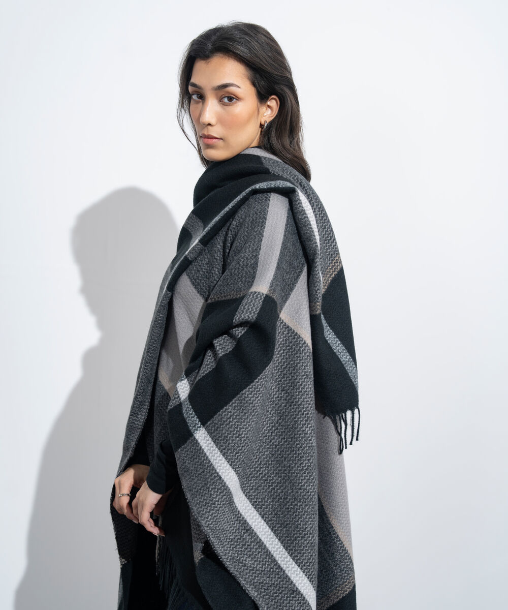 Women's Western Wear Black & Grey Striped Cape Shawl