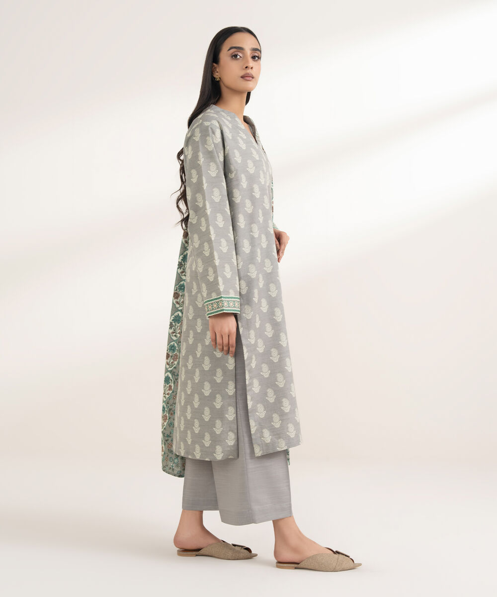 Women's RTW Khaddar Printed Grey 3 Piece Suit