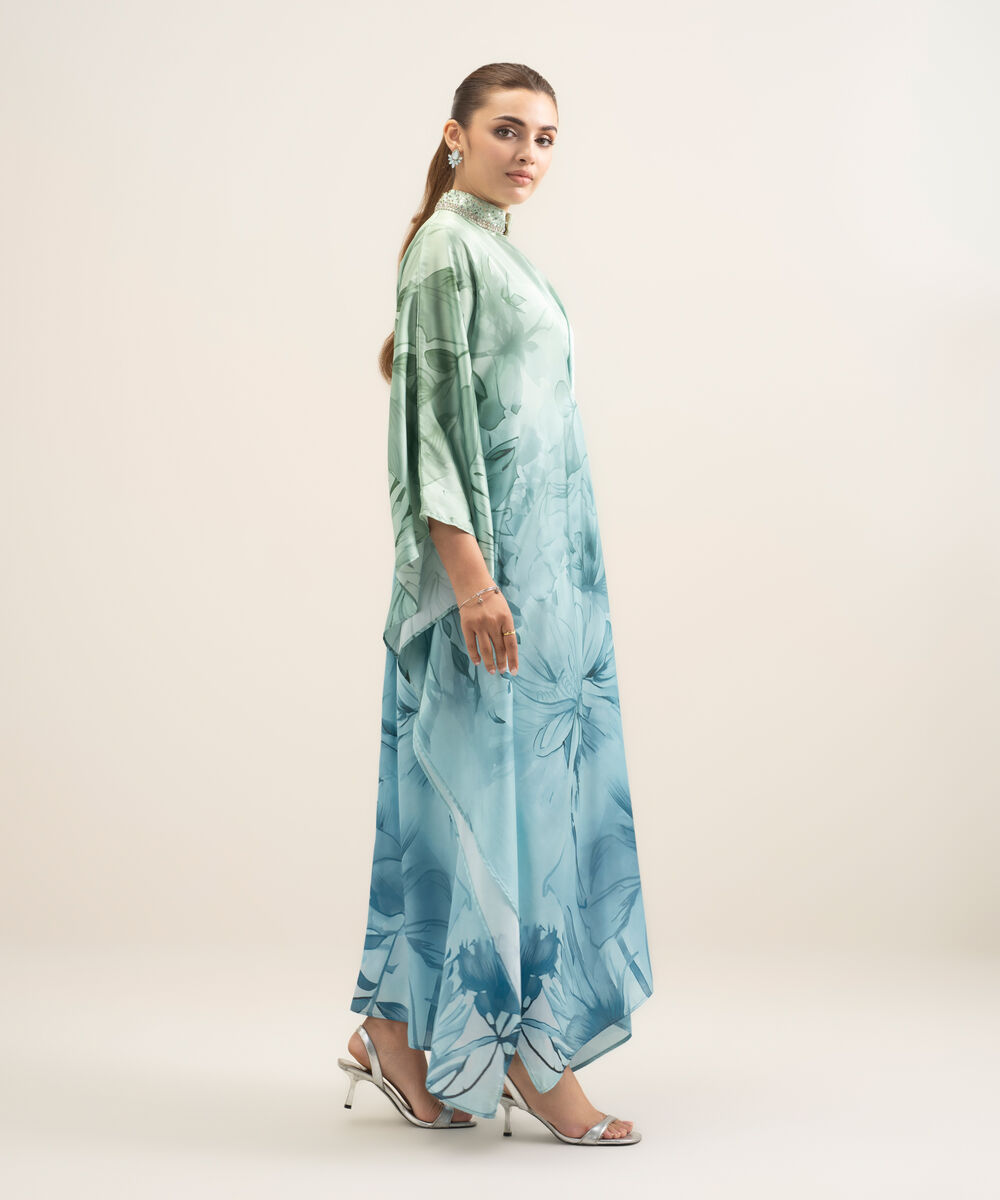 Women's RTW Blended Satin Printed Blue 2 Piece Suit