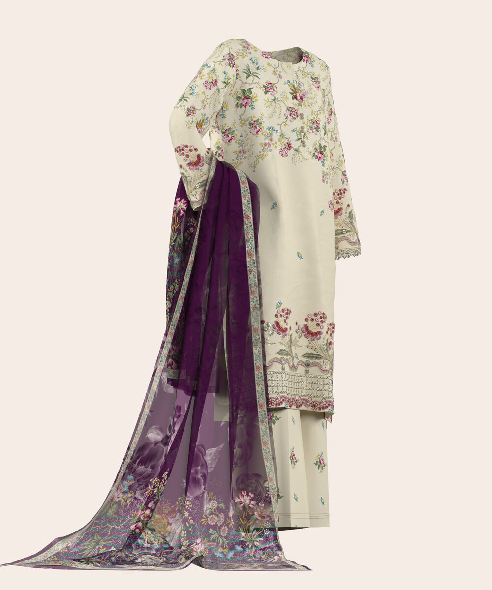 Women's Unstitched Lawn Off White  Embroidered 3 Piece Suit
