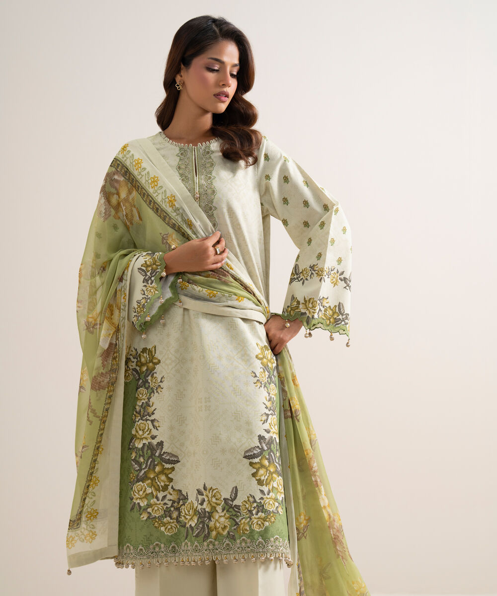 Women's Unstitched Zari Cotton Embroidered Off White  3 Piece Suit