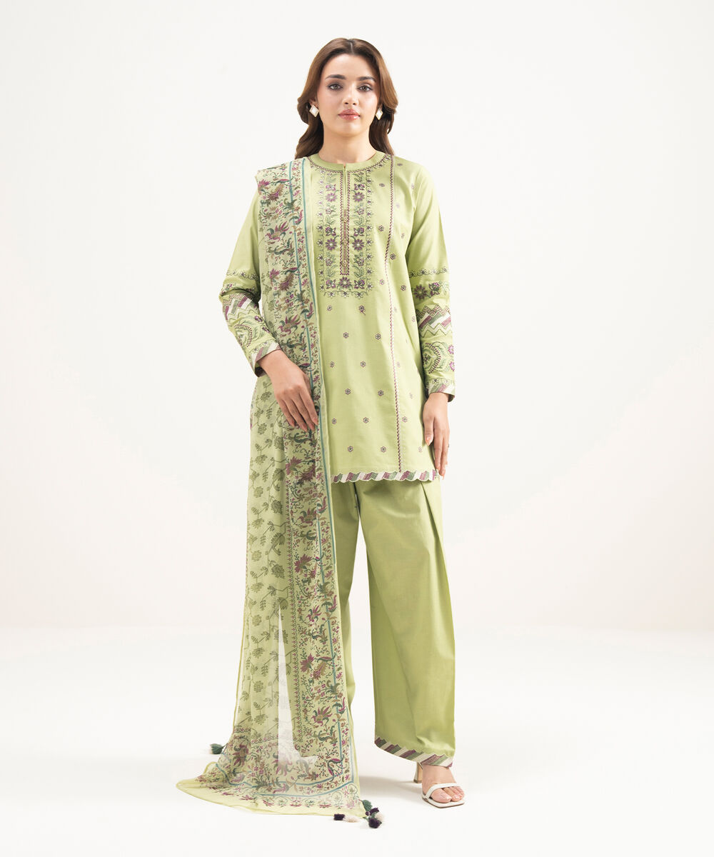 Women's Unstitched Lawn Embroidered Green 3 Piece Suit