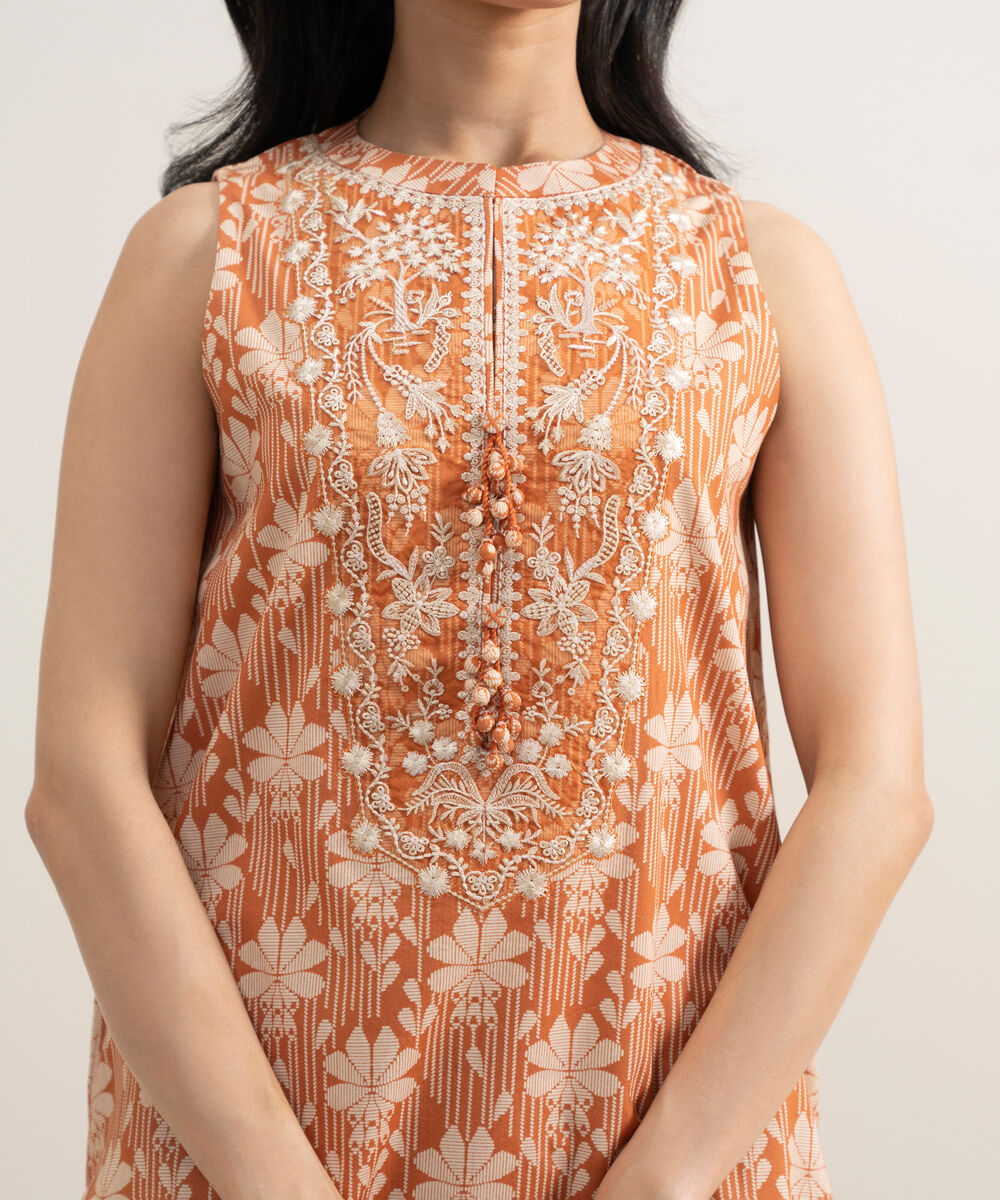 Women's Unstitched Lawn Embroidered Off White and Orange 2 Piece Suit
