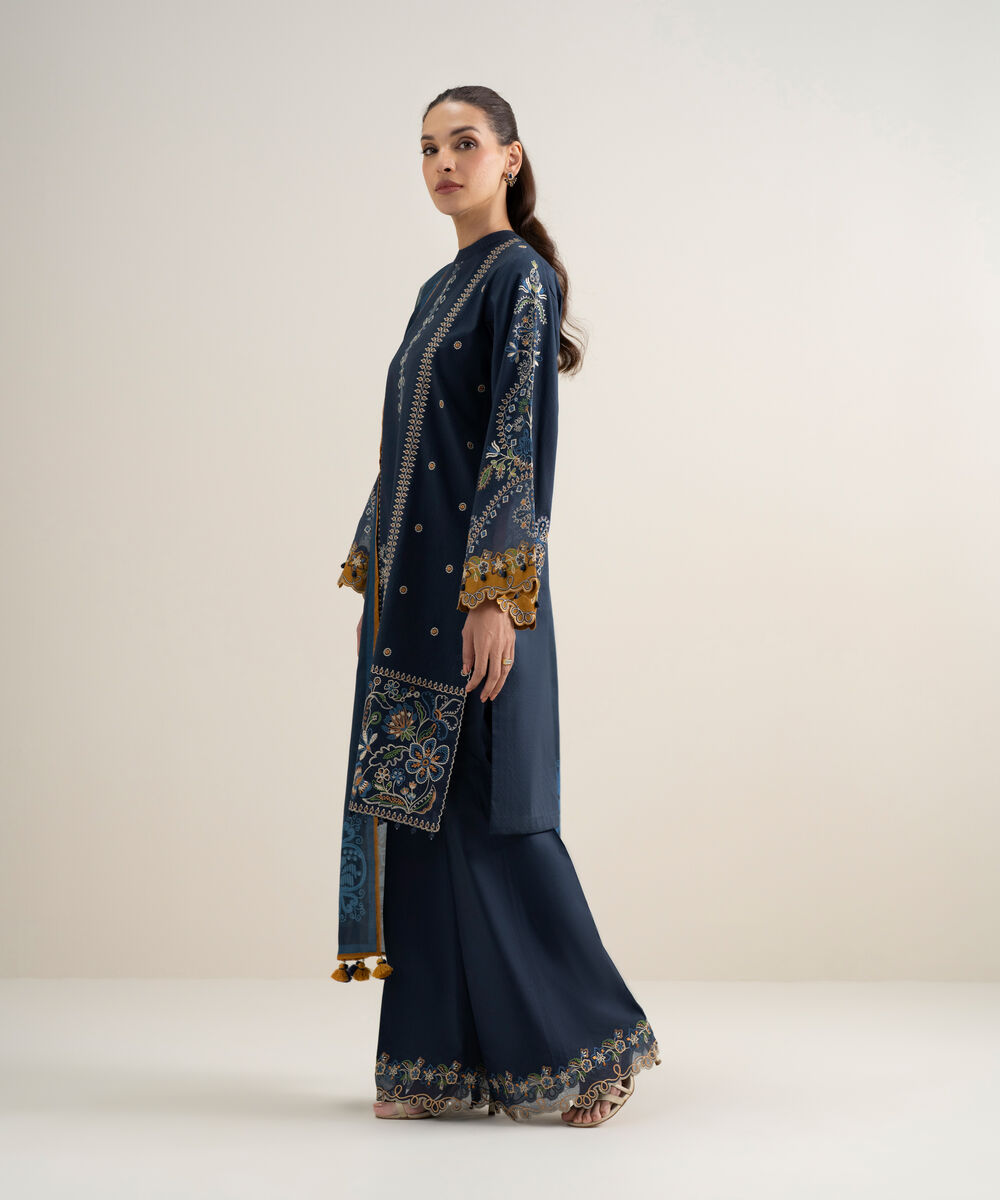 Women's Unstitched Dobby Embroidered Blue 3 Piece Suit