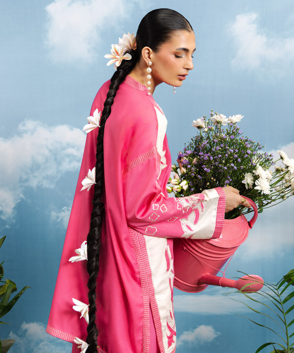 Women's RTW Cotton Satin Embroidered Pink 2 Piece Suit