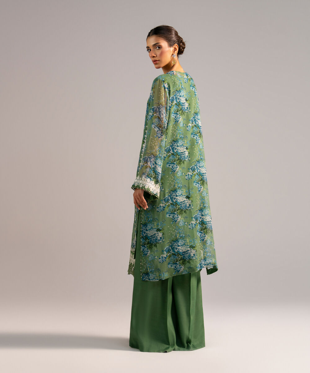 Women's RTW Chiffon Embroidered Green 2 Piece Suit