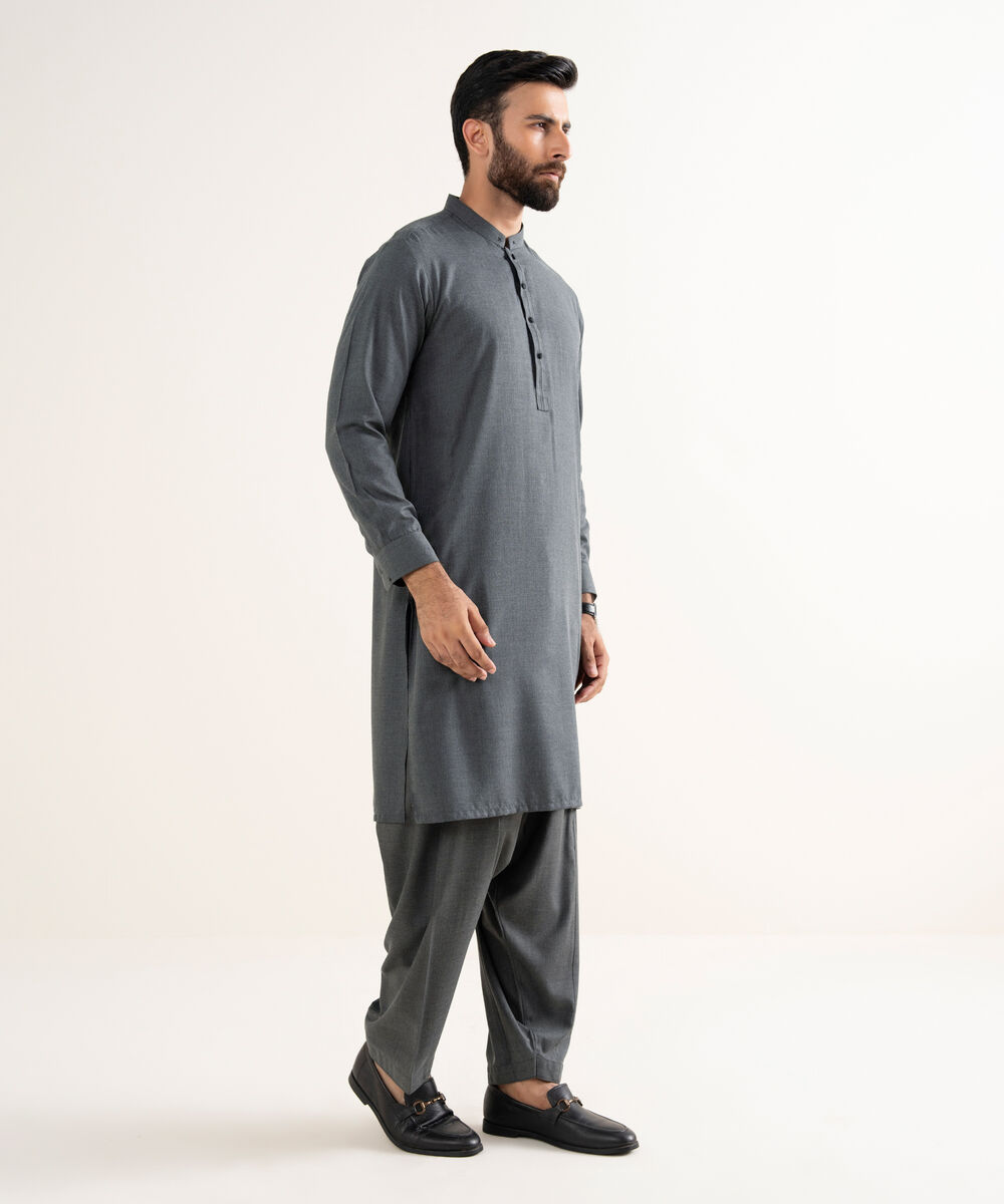Men's Textured Wash & Wear Plain Charcoal Kurta Shalwar