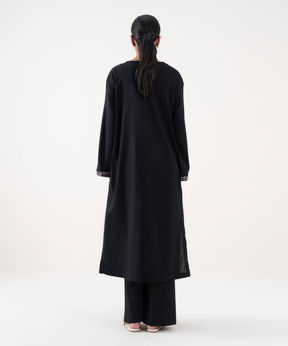 Women's RTW Textured Lawn Black Embroidered A-Line Shirt