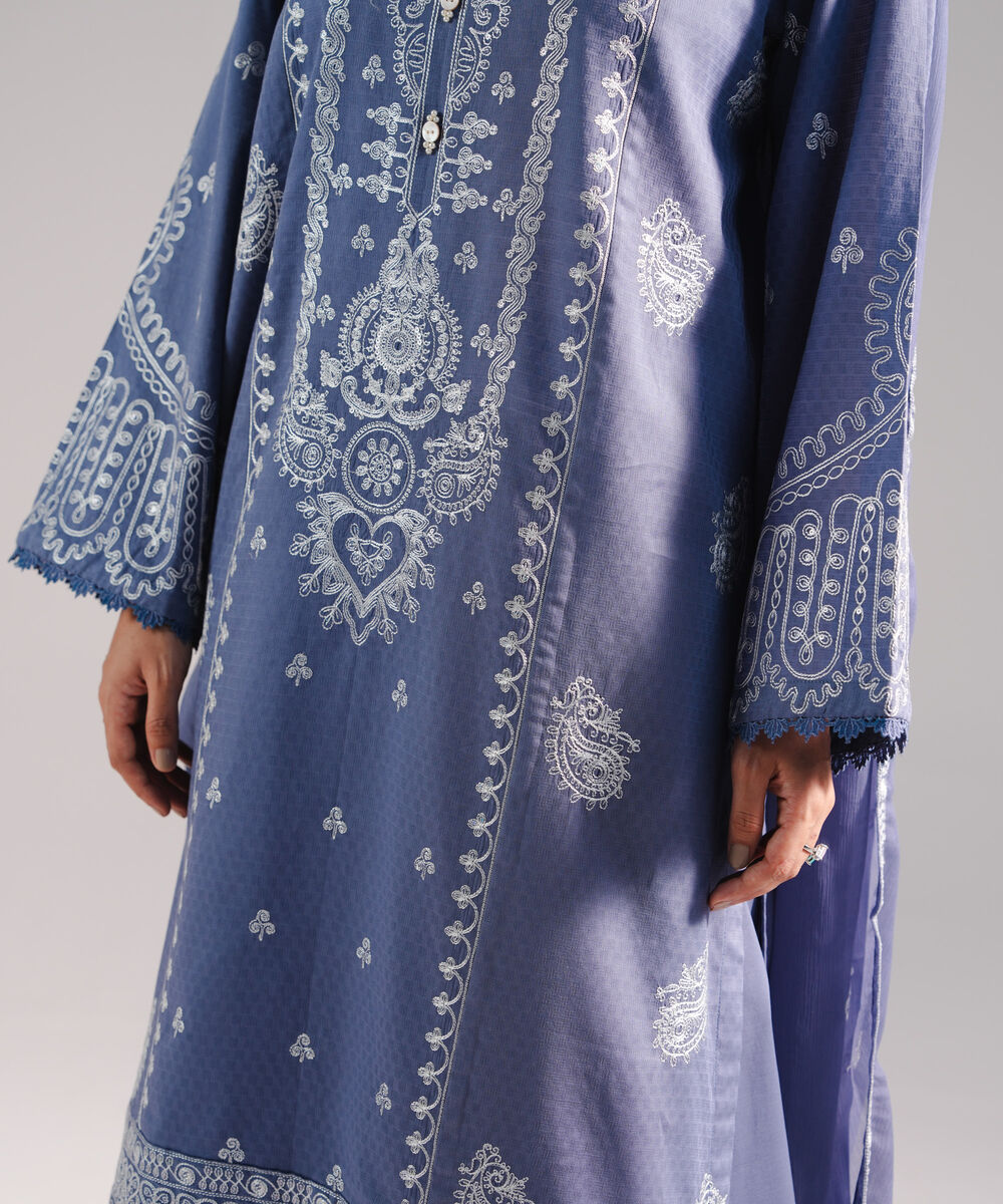 Women's RTW Dobby Embroidered Steel Blue 3 Piece Suit