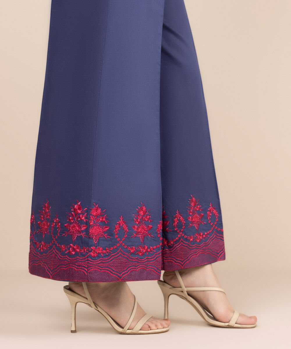 Women's RTW Cotton Satin Blue Embroidered Flared Pants