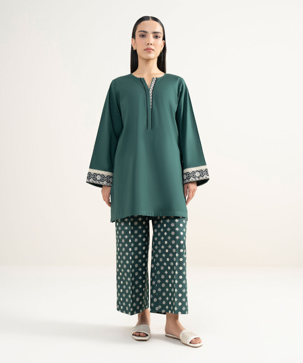 Women's RTW Lawn Solid Green Straight Shirt