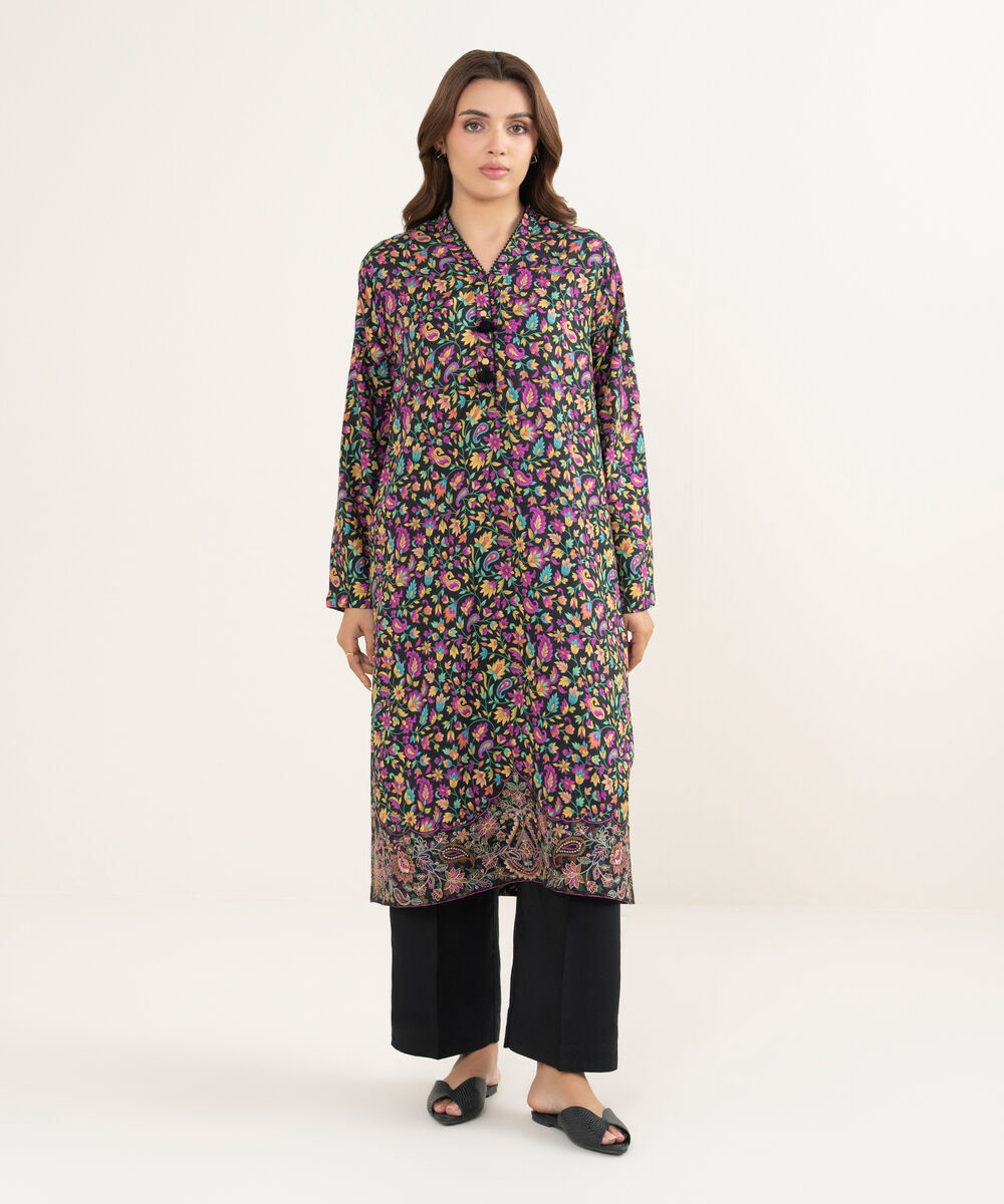 Women's RTW Arabic Cambric Embroidered Black Straight Shirt