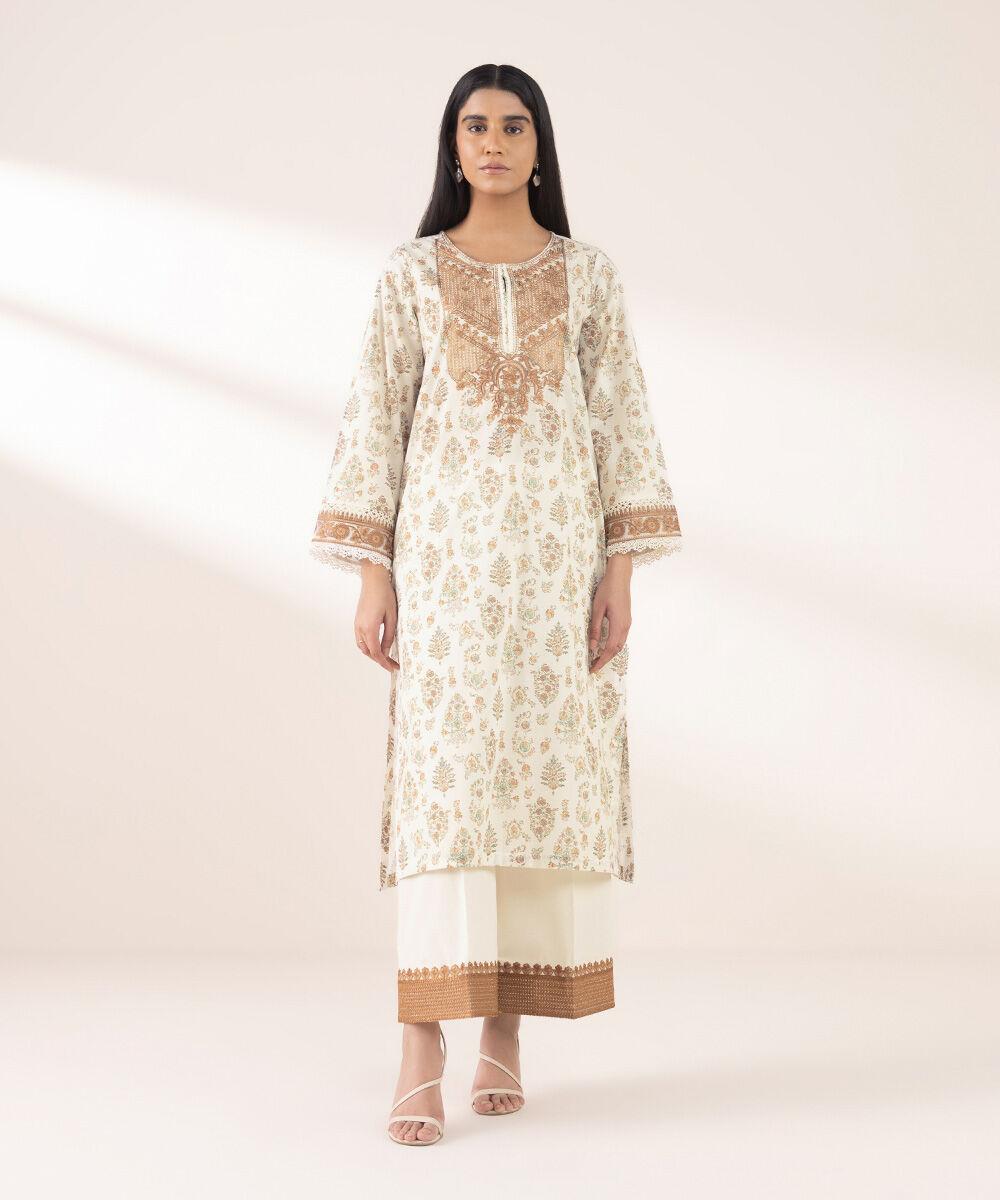 Women's RTW Textured Lawn Beige Embroidered A-Line Shirt