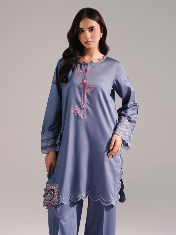2 Piece - Embroidered Cotton Satin Suit